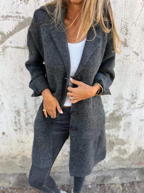 Brushed Boucle Lapel Collar Longline Cardigan - Darkgrey