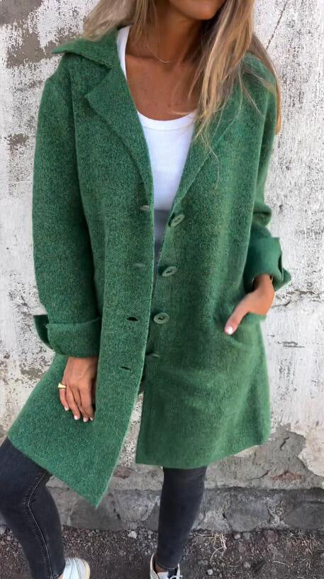 Brushed Boucle Lapel Collar Longline Cardigan - Green