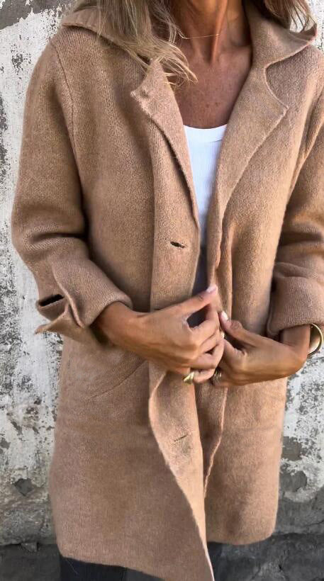 Brushed Boucle Lapel Collar Longline Cardigan - Khaki