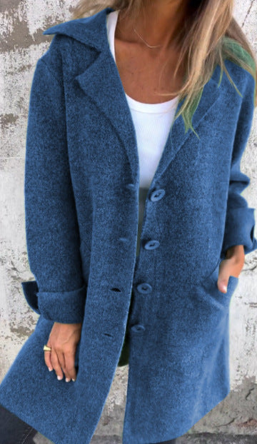 Brushed Boucle Lapel Collar Longline Cardigan - Navyblue