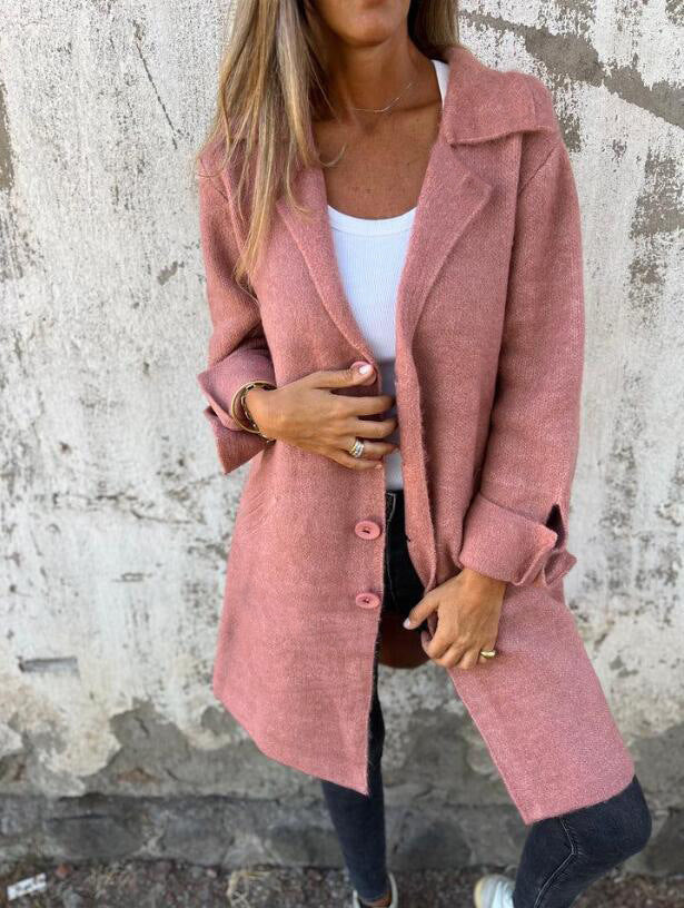Brushed Boucle Lapel Collar Longline Cardigan - Pink