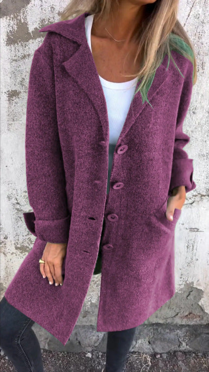 Brushed Boucle Lapel Collar Longline Cardigan - Purple