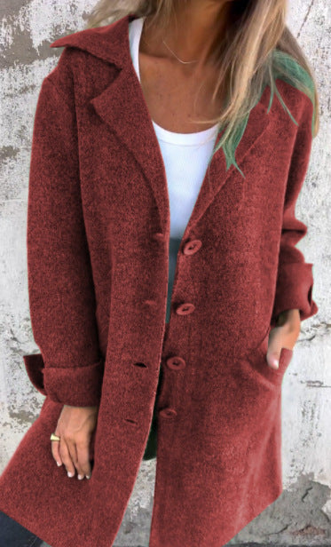 Brushed Boucle Lapel Collar Longline Cardigan - Winered