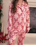 Satin Bow Print Long Pajama Set - Pink