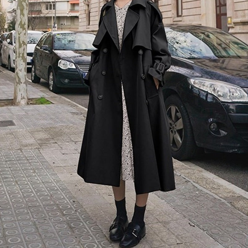 Oversized Belted Double Breasted Midi Trench Coat - Black