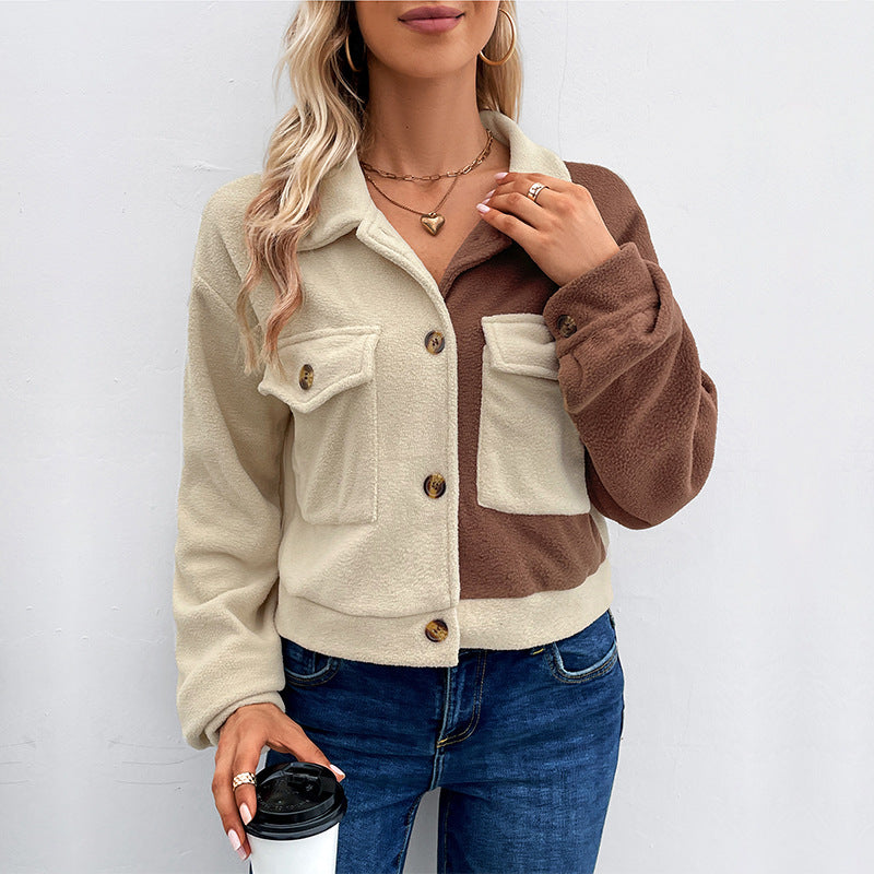Colorblock Cropped Flap Pocket Shirt Jacket - Apricot