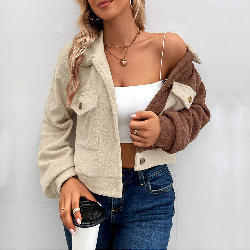 Colorblock Cropped Flap Pocket Shirt Jacket - Apricot - 1