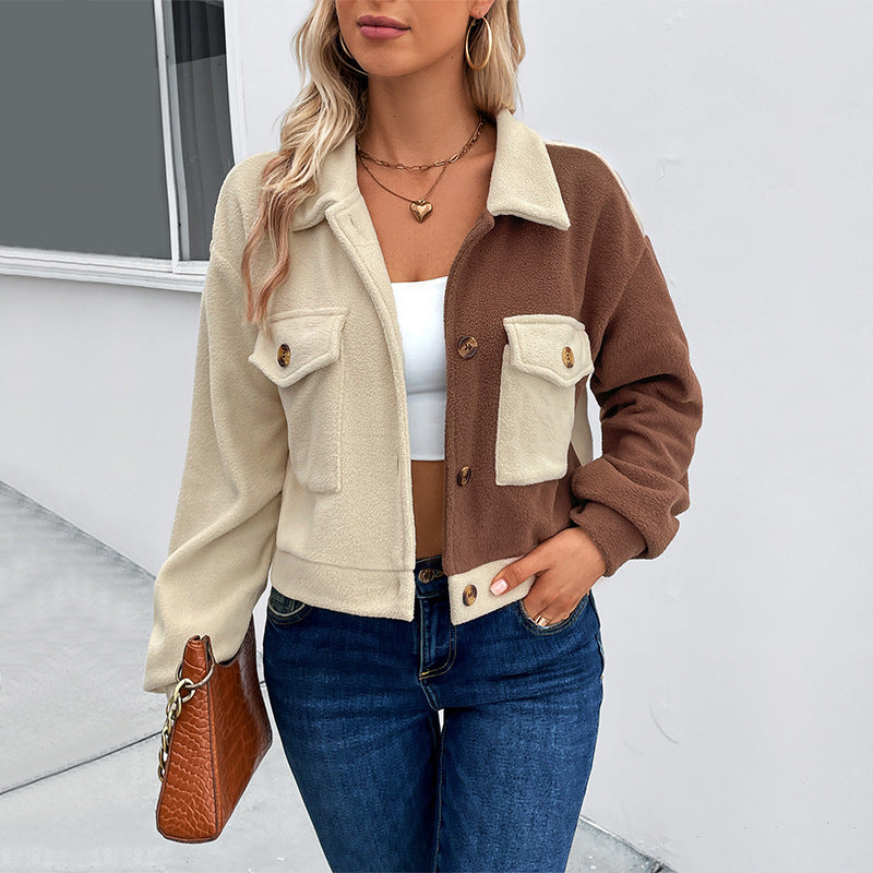 Colorblock Cropped Flap Pocket Shirt Jacket - Apricot - 2