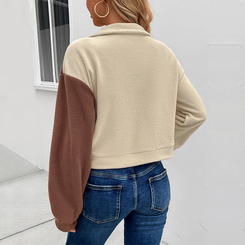Colorblock Cropped Flap Pocket Shirt Jacket - Apricot - 3