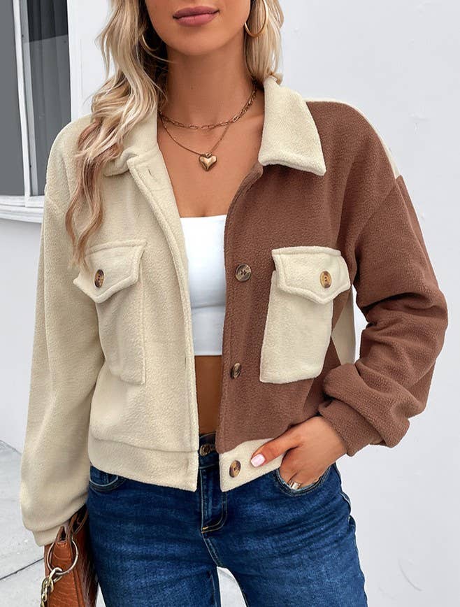 Colorblock Cropped Flap Pocket Shirt Jacket