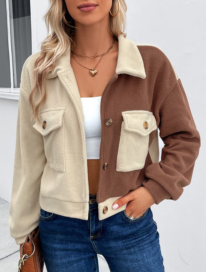 Colorblock Cropped Flap Pocket Shirt Jacket - view 1
