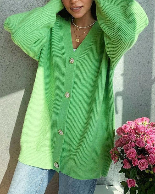 Oversized Ribbed Button Front Slouchy Cardigan - Green