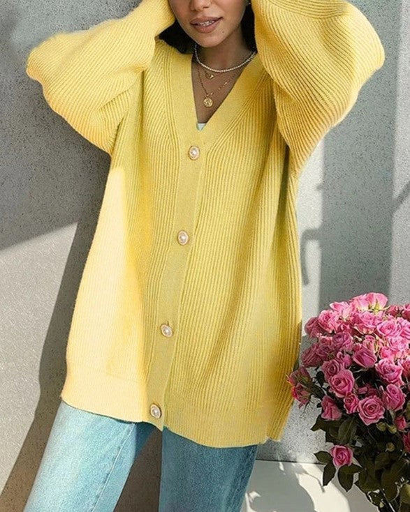 Oversized Ribbed Button Front Slouchy Cardigan - Yellow - 3