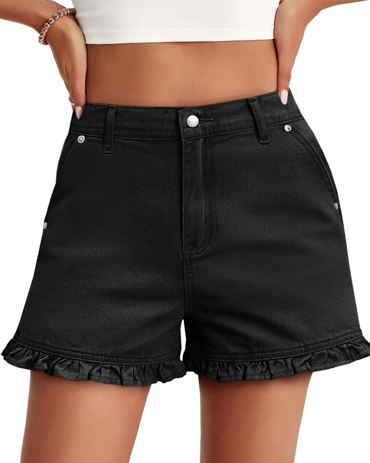 Raw Frill Hem High Rise Denim Shorts - Black
