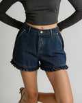 Raw Frill Hem High Rise Denim Shorts - Dark-Blue
