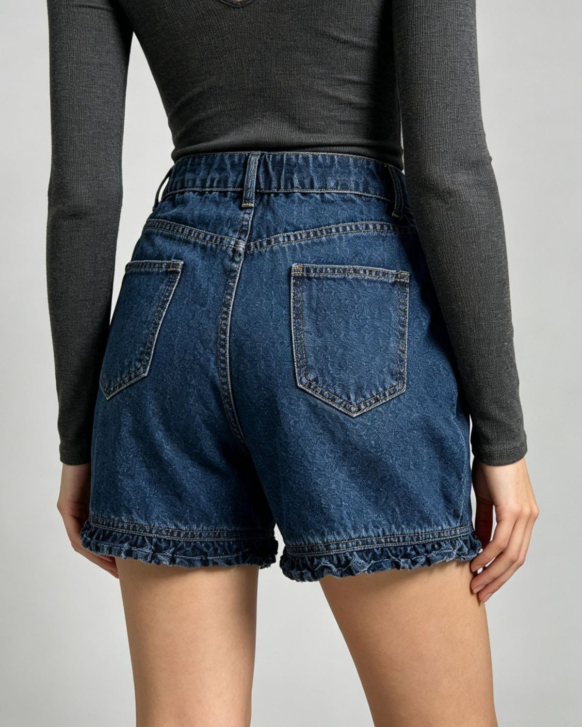 Raw Frill Hem High Rise Denim Shorts - Dark-Blue - 1