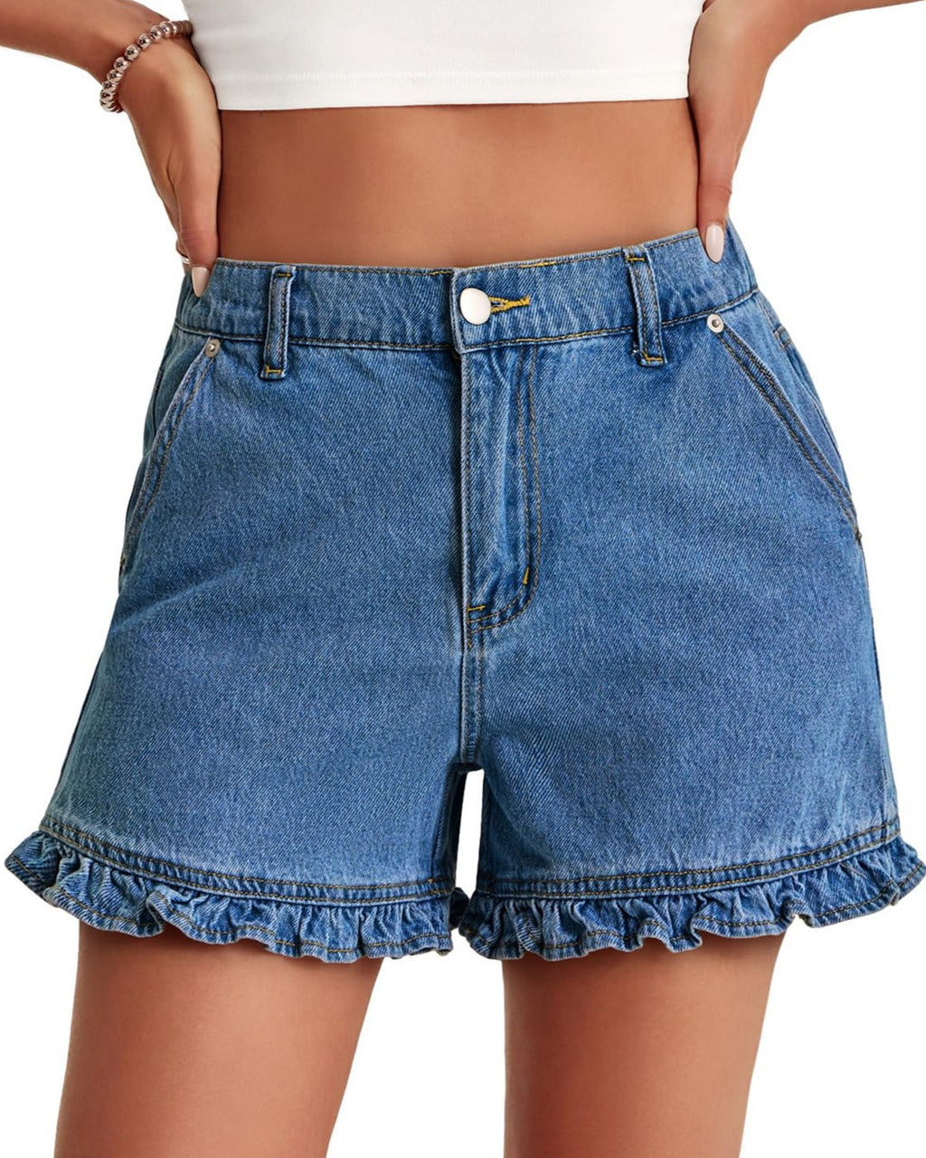 Raw Frill Hem High Rise Denim Shorts - Light-Blue