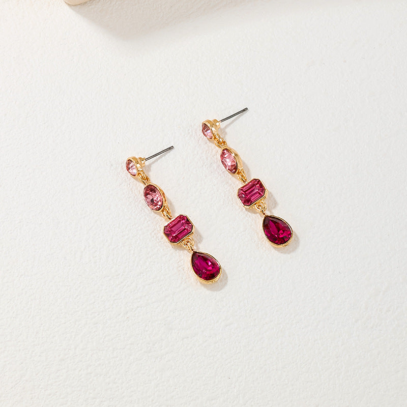 Graduated Crystal Teardrop Dangle Earrings - Red