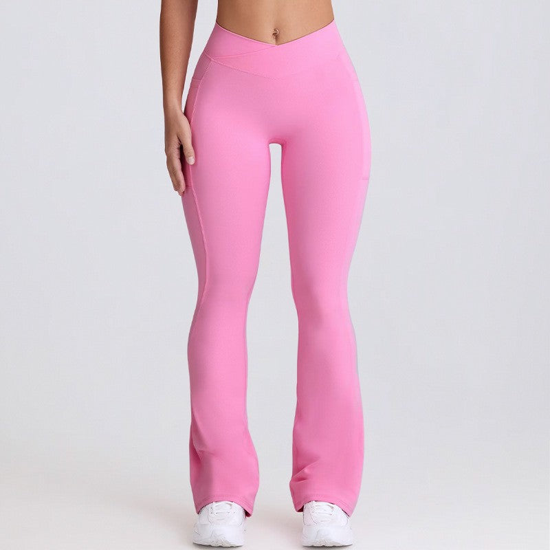 Crossover V Waist Flare Yoga Leggings With Pockets - Bubblegum Pink