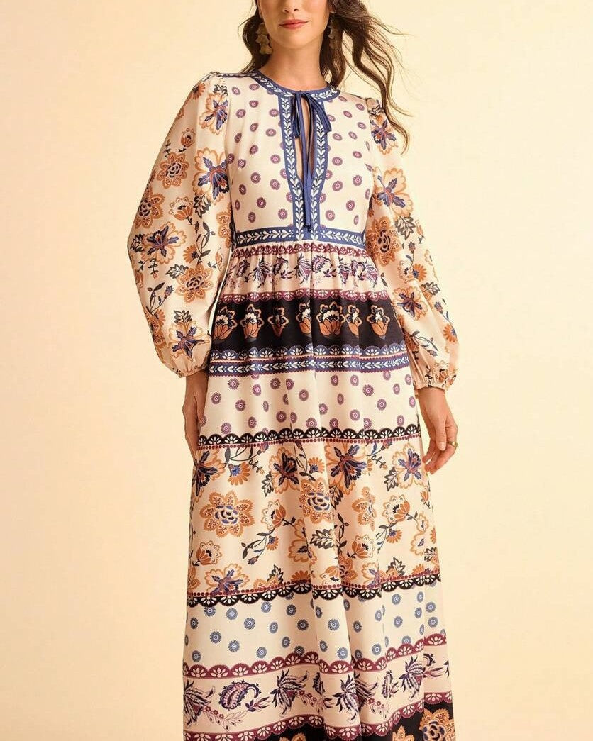 Paisley Patchwork Print Long Sleeve Maxi Dress - Floral