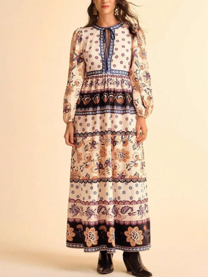 Paisley Patchwork Print Long Sleeve Maxi Dress - Floral - 1