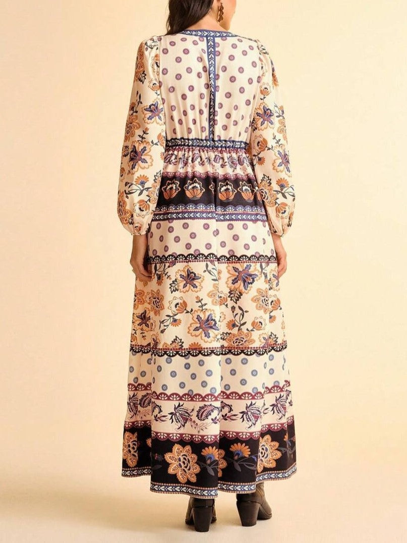Paisley Patchwork Print Long Sleeve Maxi Dress - Floral - 2