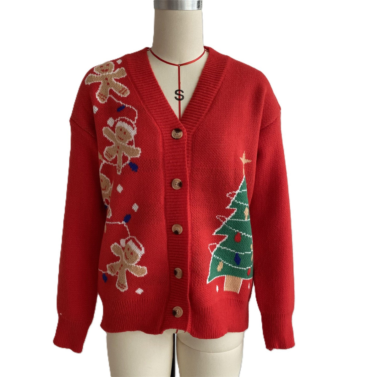 Red Gingerbread Motif Knit V-Neck Button Cardigan - Red - 1