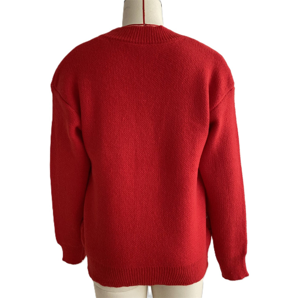 Red Gingerbread Motif Knit V-Neck Button Cardigan - Red - 2