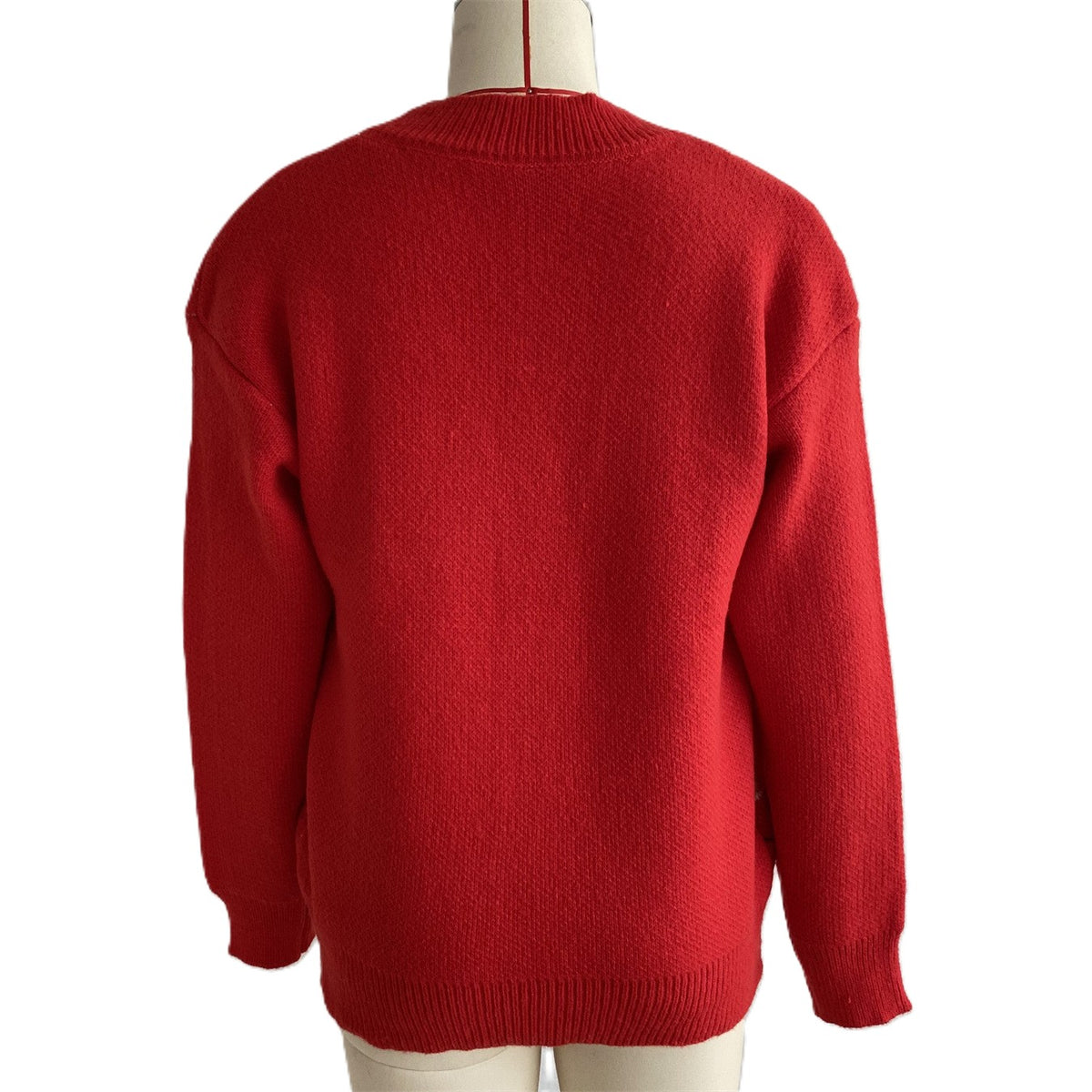Red Gingerbread Motif Knit V-Neck Button Cardigan - Red - 2