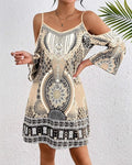 Cold Shoulder Boho Print Flare Sleeve Dress - Apricot