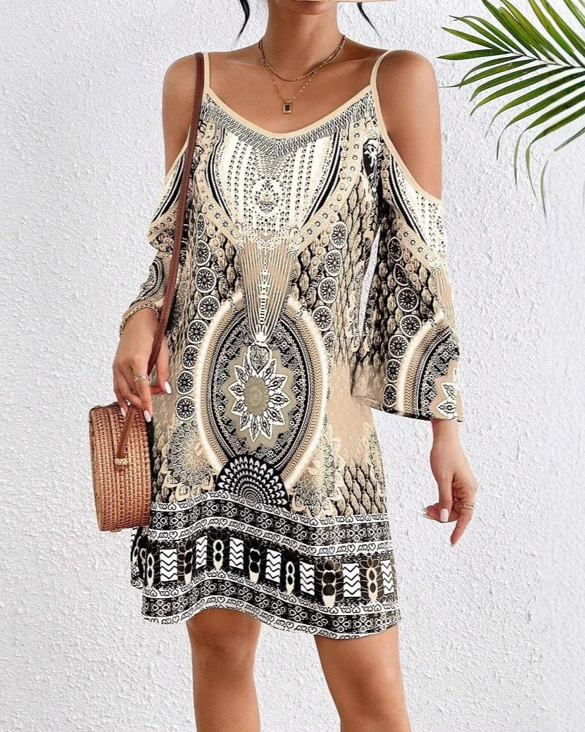 Cold Shoulder Boho Print Flare Sleeve Dress - Apricot - 1