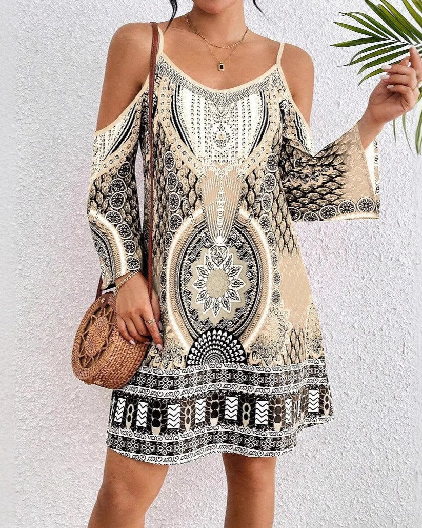 Cold Shoulder Boho Print Flare Sleeve Dress - Apricot - 2