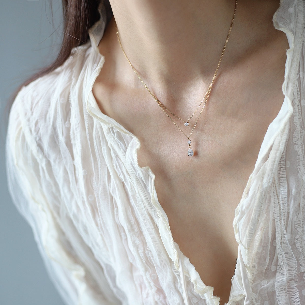Double Chain Crystal Teardrop Drop Necklace