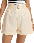 Smocked High Waist Cuffed Paperbag Shorts - Apricot