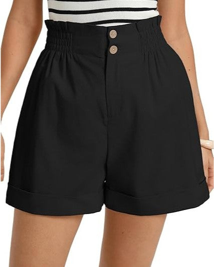 Smocked High Waist Cuffed Paperbag Shorts - Black