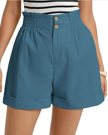 Smocked High Waist Cuffed Paperbag Shorts - Blue