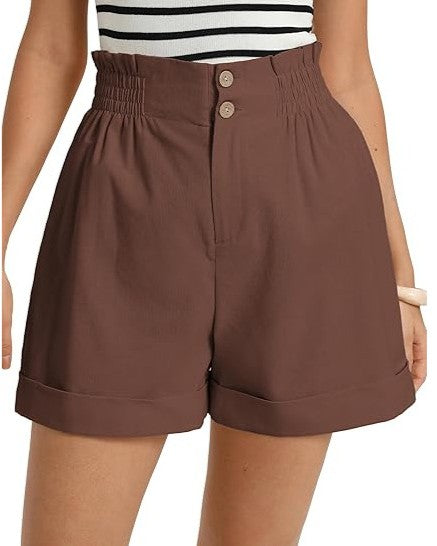 Smocked High Waist Cuffed Paperbag Shorts - Brown