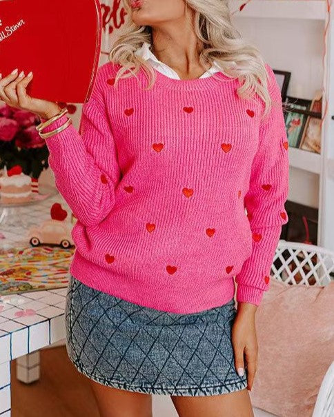 Heart Embroidered Crew Neck Sweater - Plum