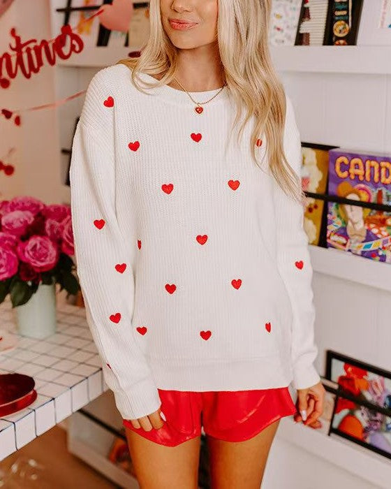 Heart Embroidered Crew Neck Sweater - White - 1