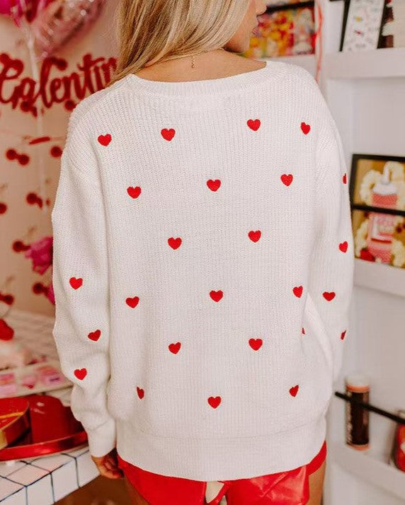 Heart Embroidered Crew Neck Sweater - White - 2