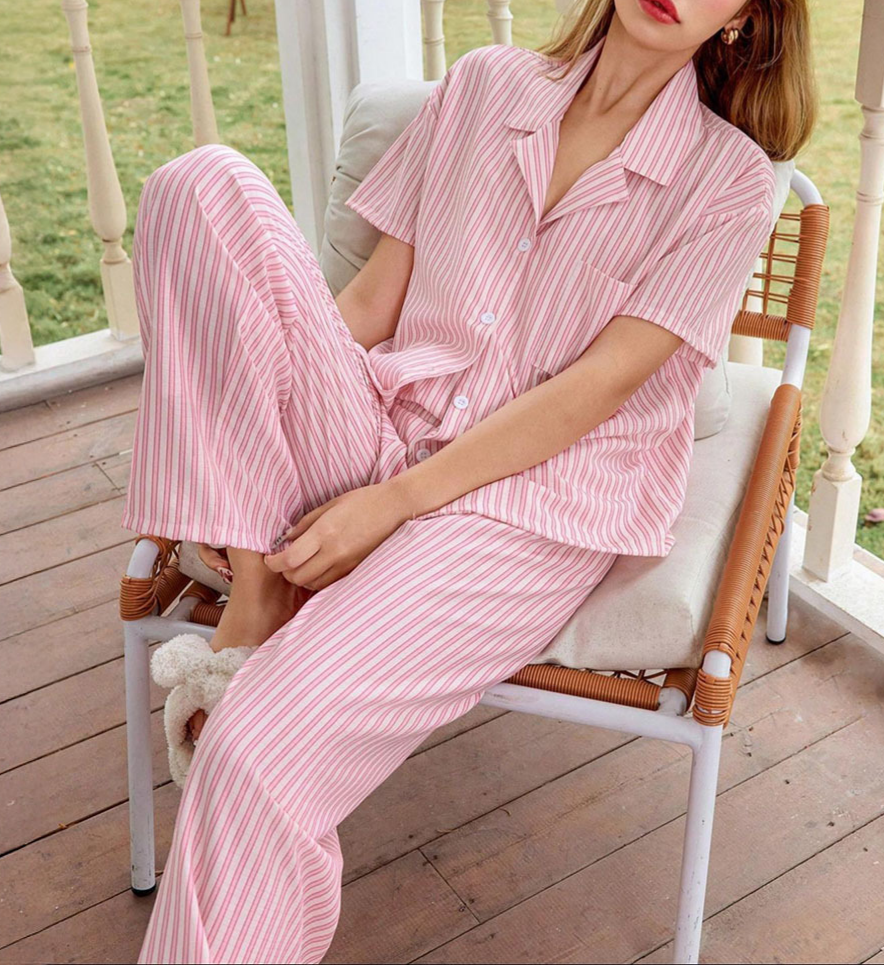 Striped Notch Collar Pajama Set - Pink