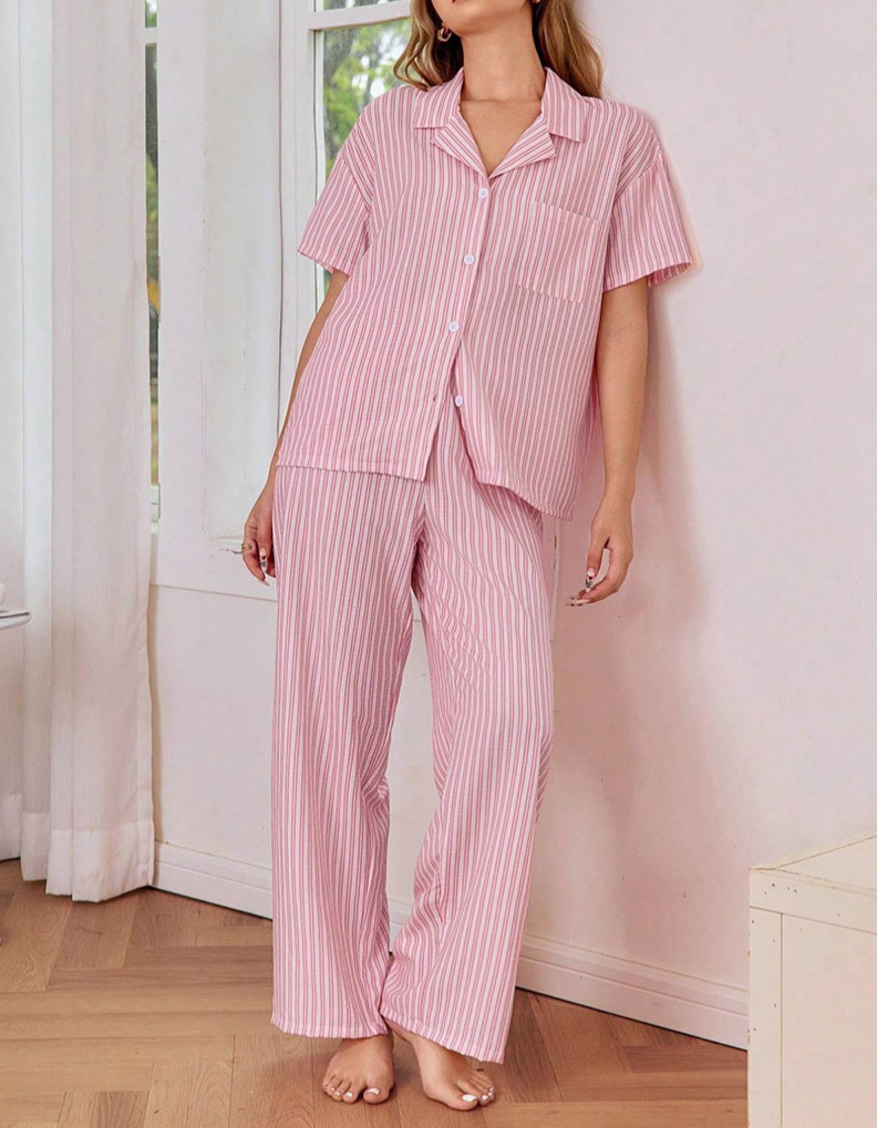 Striped Notch Collar Pajama Set - Pink - 2