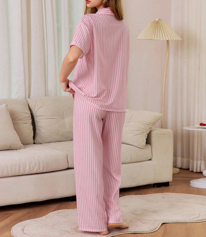 Striped Notch Collar Pajama Set - Pink - 3