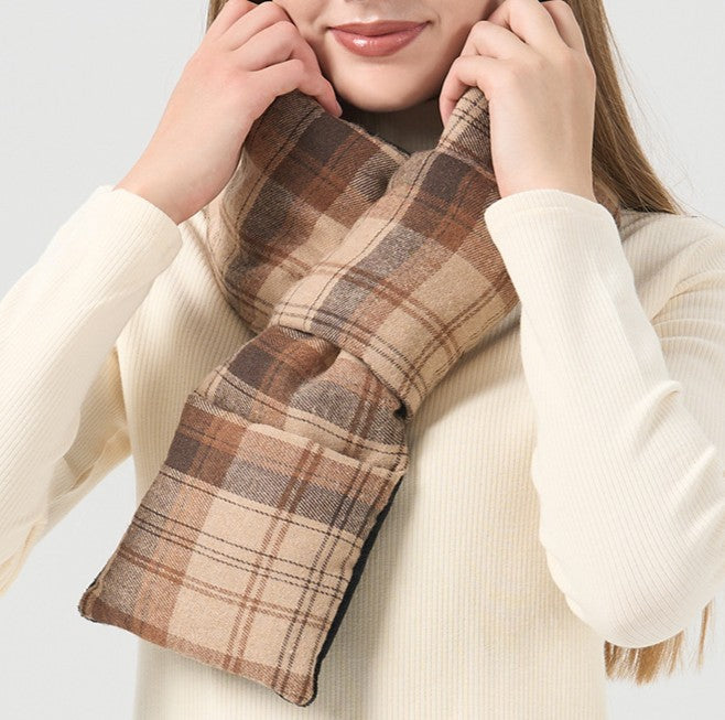 Plaid Fleece Padded Neck Scarf - Khaki - 1
