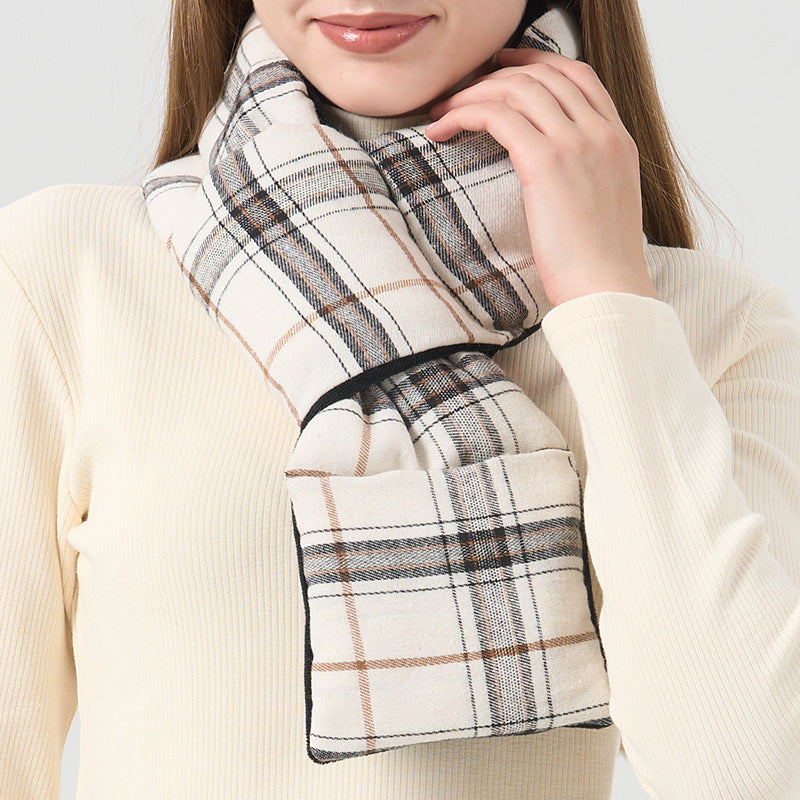 Plaid Fleece Padded Neck Scarf - White