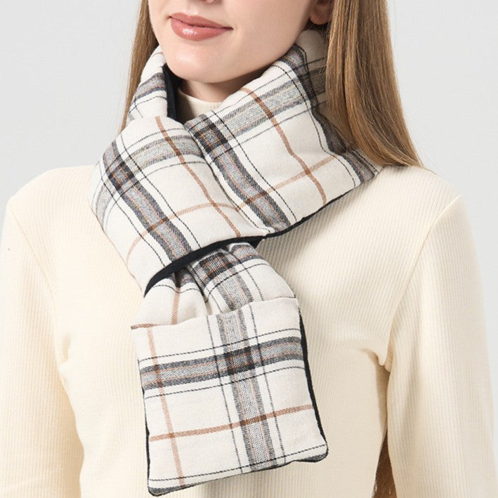Plaid Fleece Padded Neck Scarf - White - 1