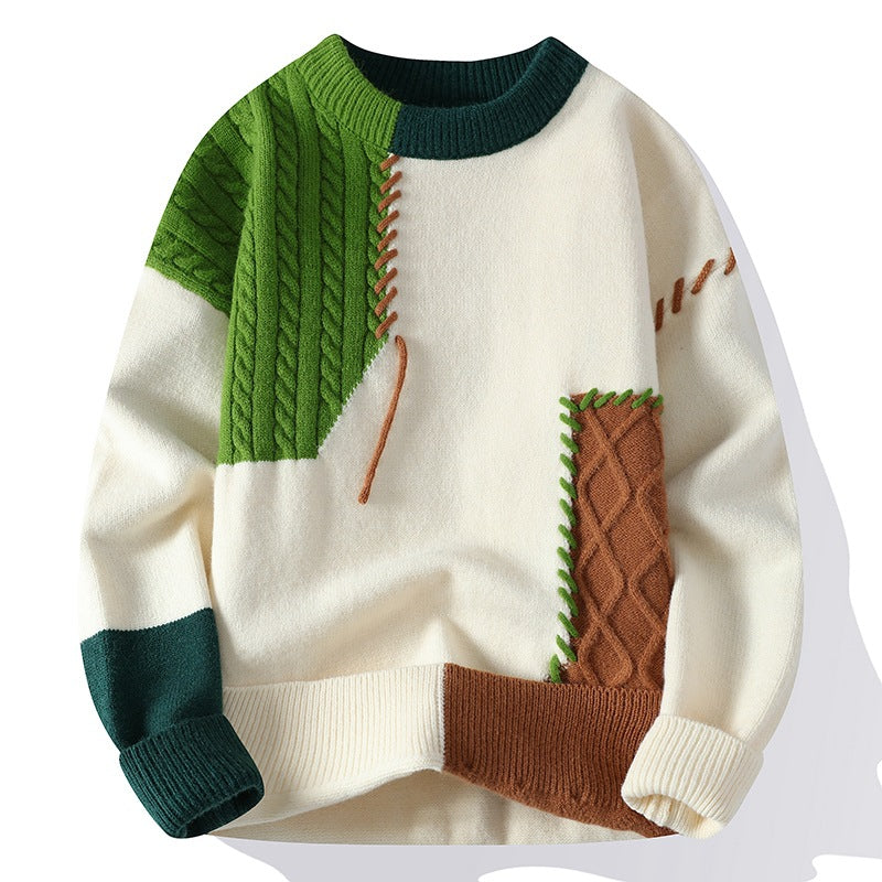 Color Block Cable Patchwork Knit Sweater - Green
