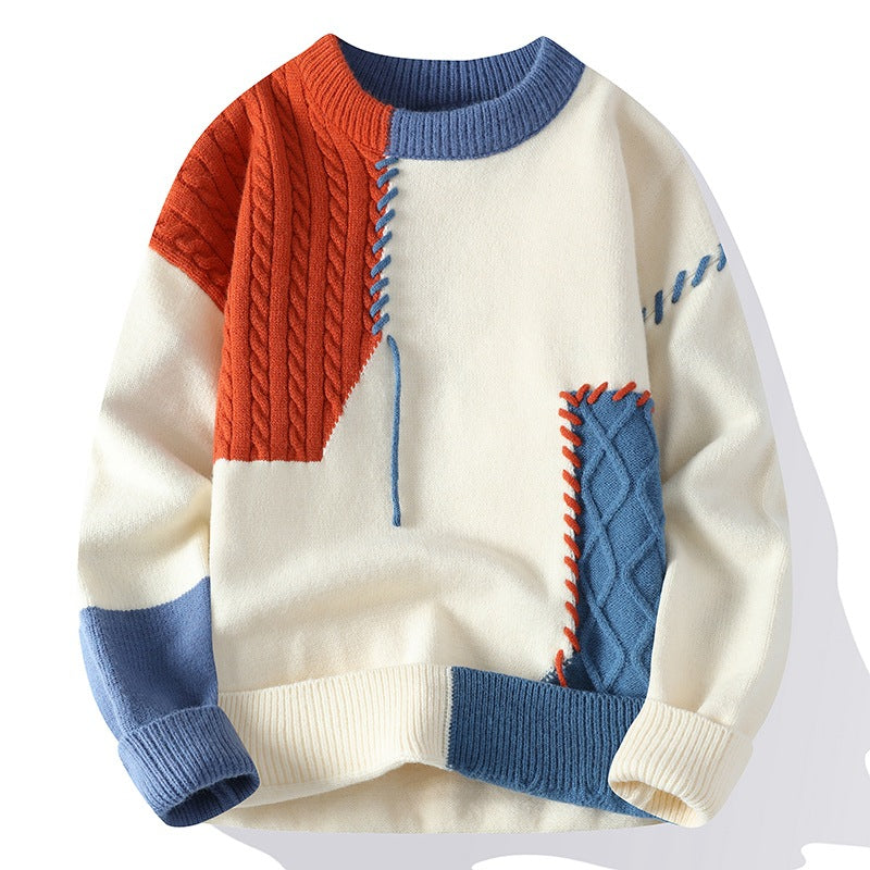 Color Block Cable Patchwork Knit Sweater - Orange