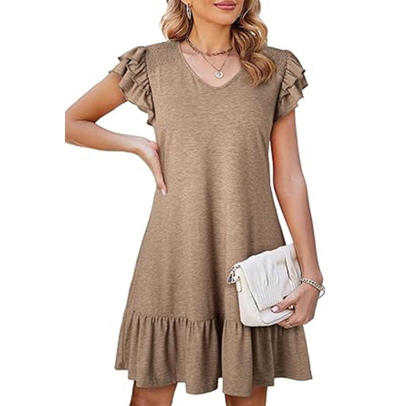 Ruffle Sleeve Tiered Hem Mini Dress - Khaki