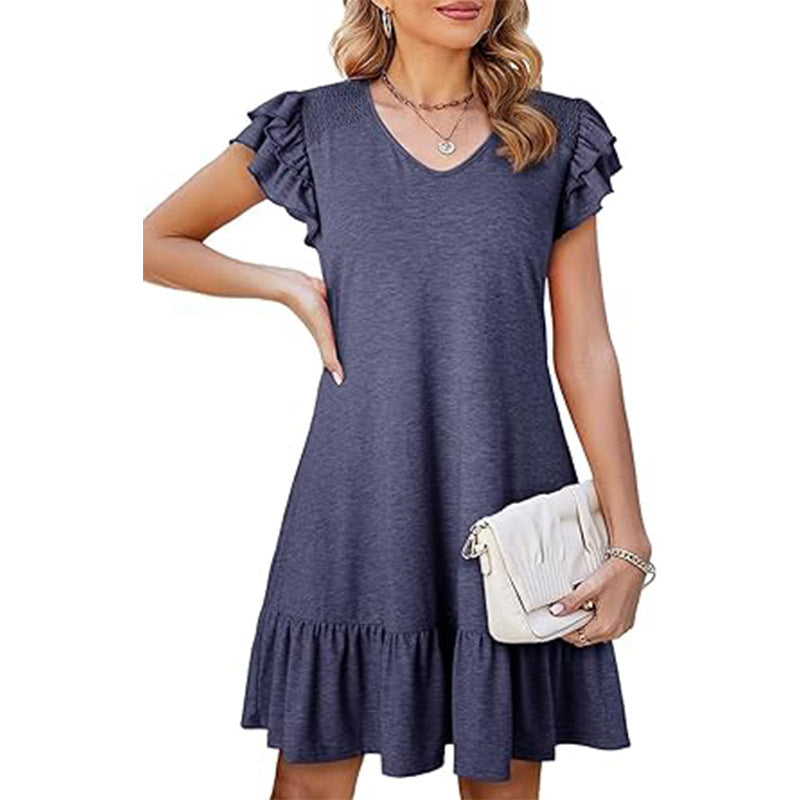 Ruffle Sleeve Tiered Hem Mini Dress - blue
